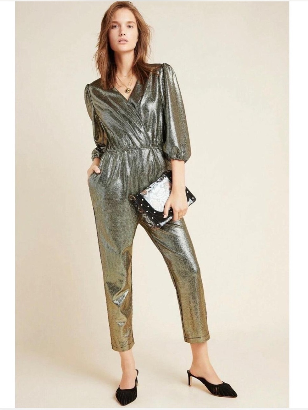 Anthropologie Dolan Glimmer Metallic Surplice Jumpsuit Gold